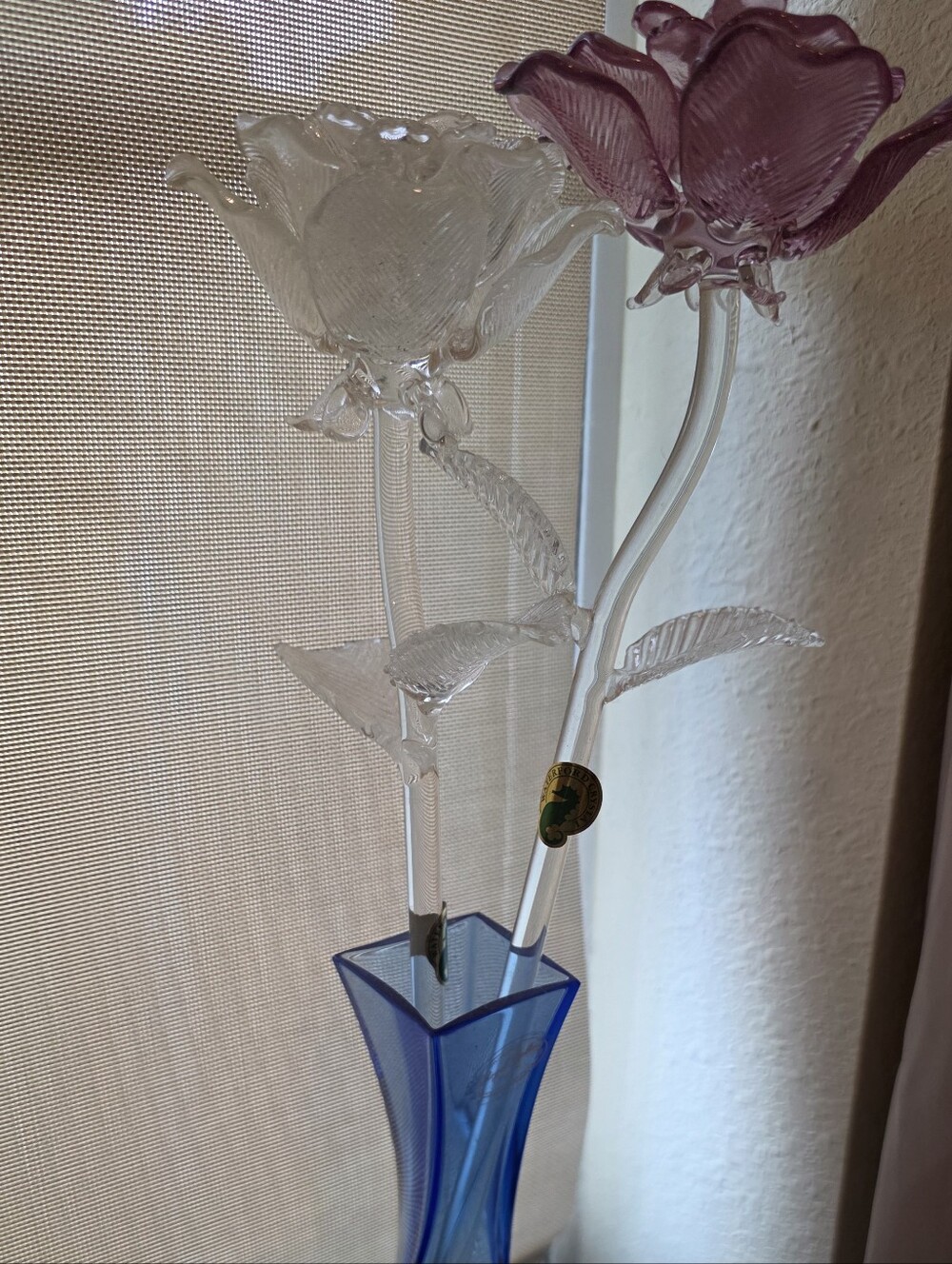 Waterford Crystal Glass Flower Stem Vase Accent - Clear & Light Purple Blooms